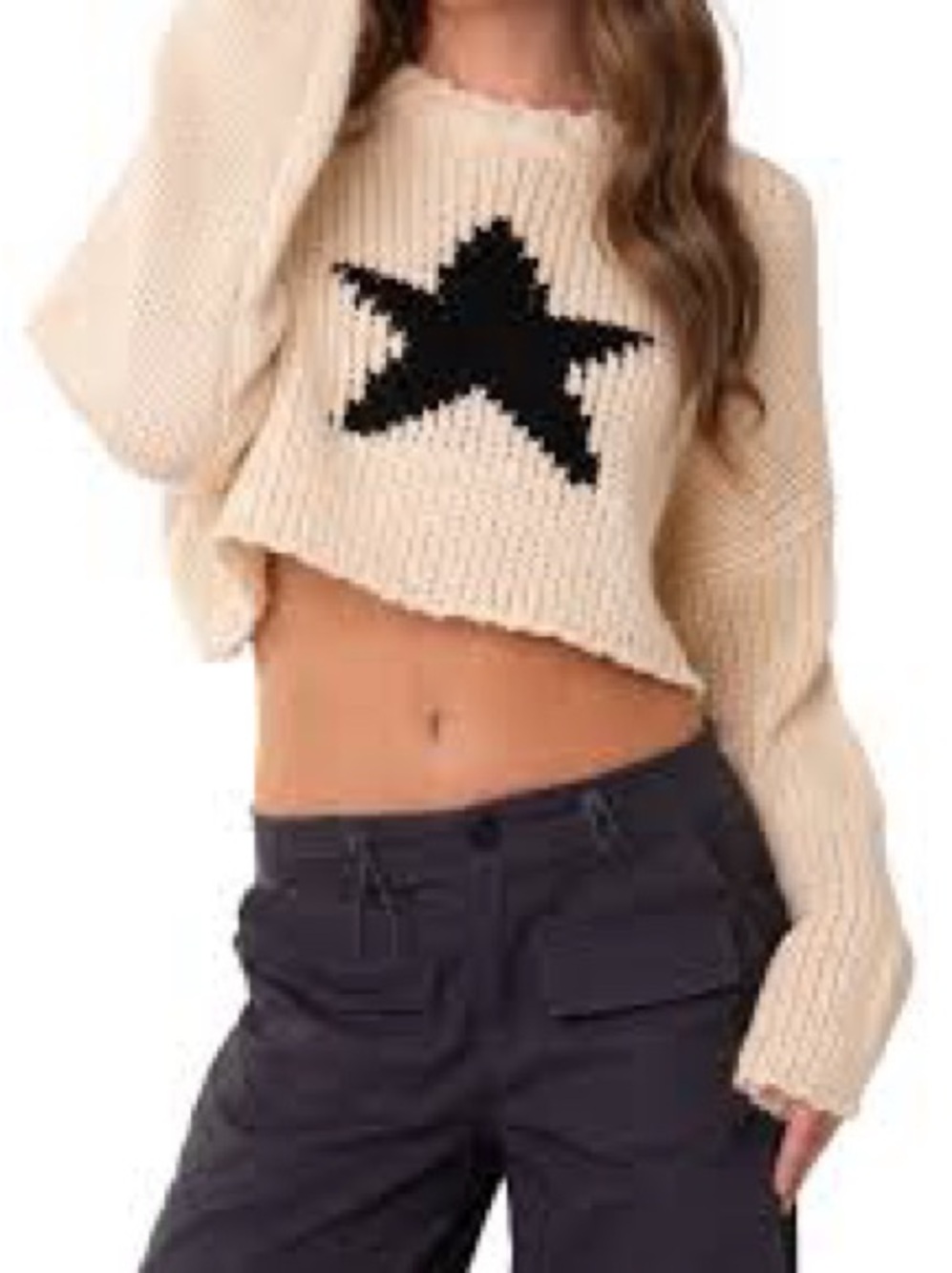 Edikted Cream Mega Star Chunky Knit Cropped Sweater Oversized Y2K